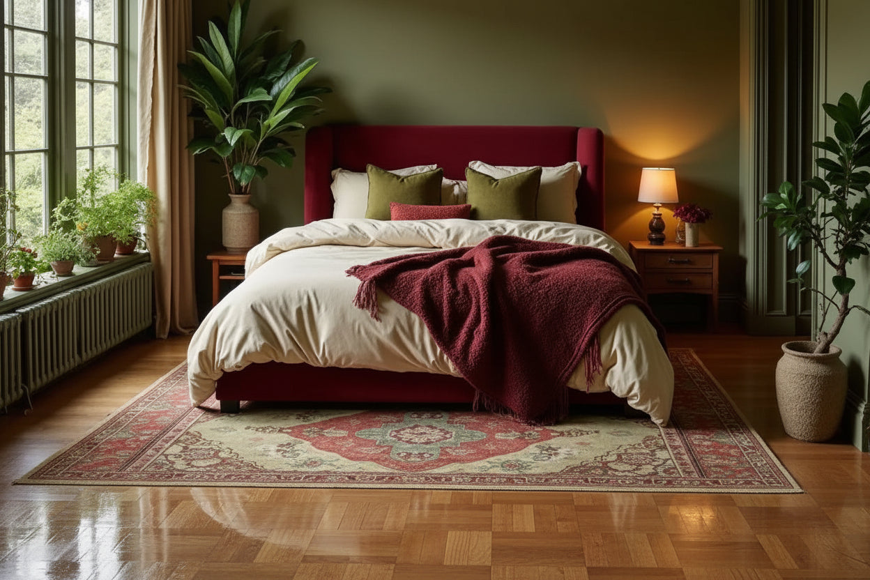 Cozy bedroom with a red bed, white comforter, and decorati