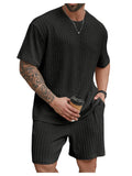 RoseSeek Mens Plus Size 2 Piece Outfits Short Sleeve Crewneck Tee Shirts and Track Shorts Set Summer Outfits Pure Black 2XL