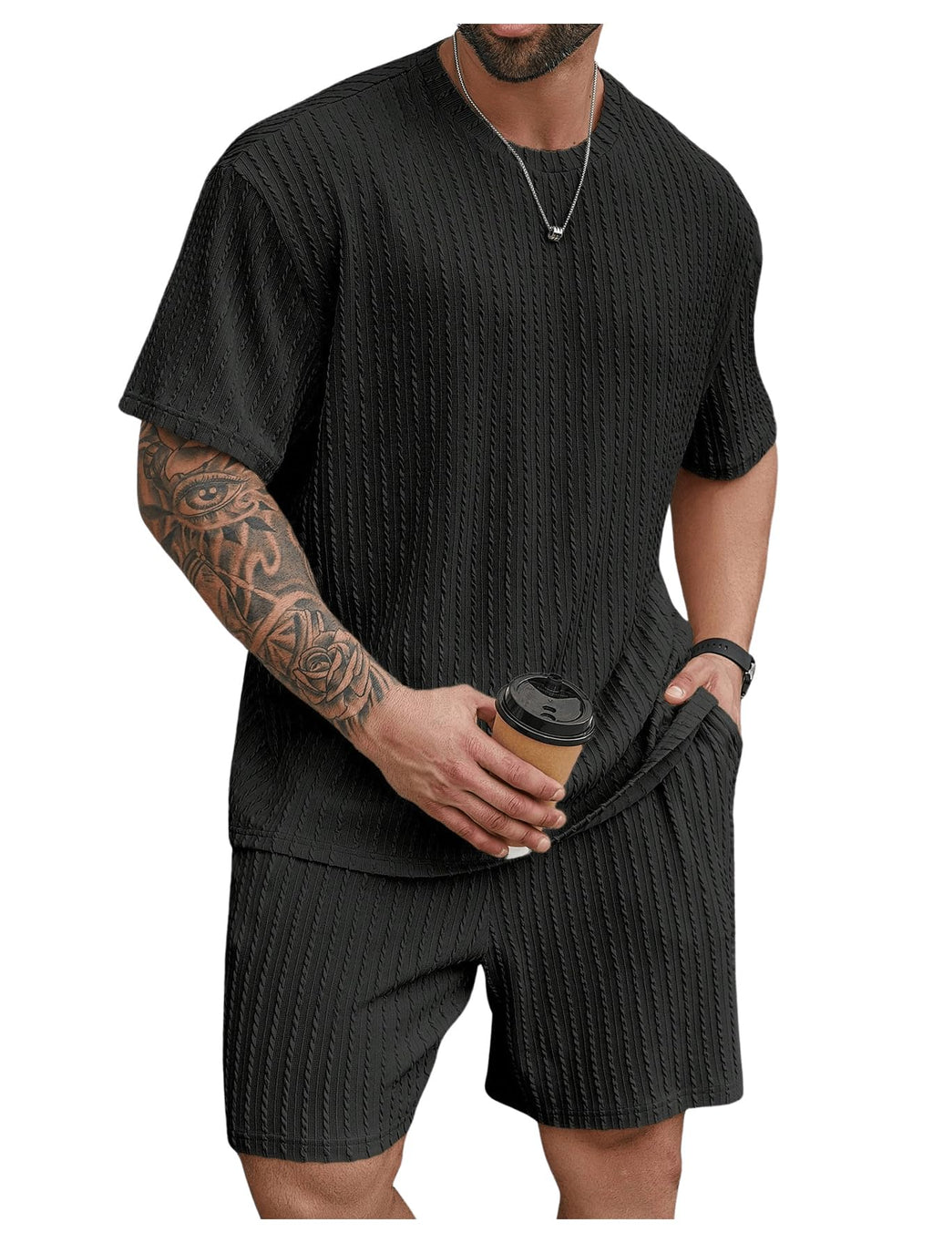 RoseSeek Mens Plus Size 2 Piece Outfits Short Sleeve Crewneck Tee Shirts and Track Shorts Set Summer Outfits Pure Black 2XL